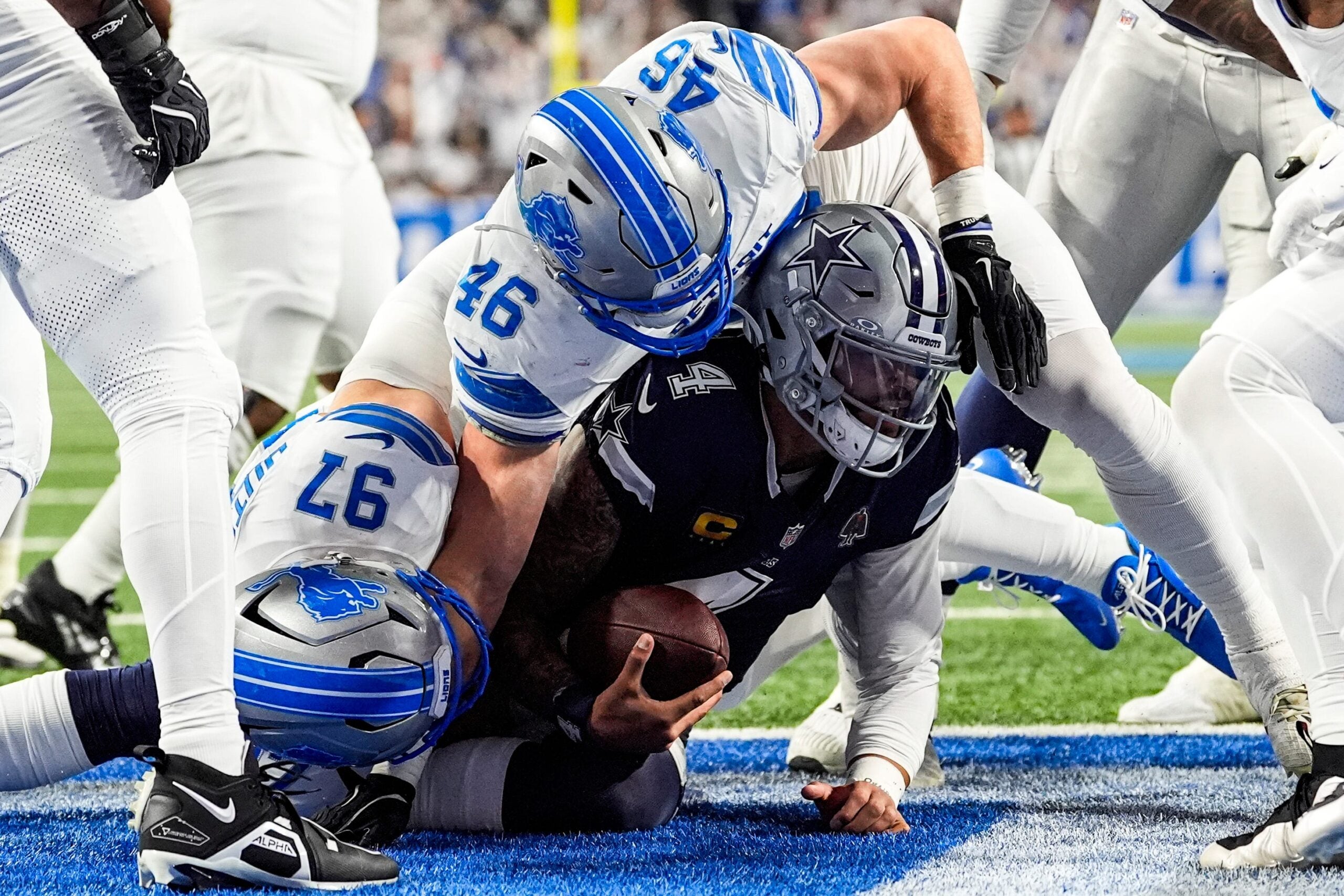 Detroit Lions linebacker Jack Campbell (46) sacks Dallas Cowboys quarterback Dak Prescott (4) during the first half at Ford Field in Detroit on Thursday, Dec. 4, 2025.