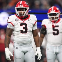 Dec 6, 2025; Atlanta, GA, USA; Georgia Bulldogs linebacker CJ Allen (3) looks on during the first quarter against the Alabama Crimson Tide during the 2025 SEC Championship game at Mercedes-Benz Stadium.