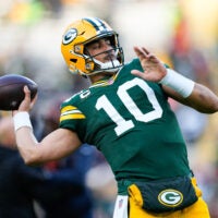 Dec 7, 2025; Green Bay, Wisconsin, USA; Green Bay Packers quarterback Jordan Love (10) warms up before the game against the Chicago Bears at Lambeau Field.