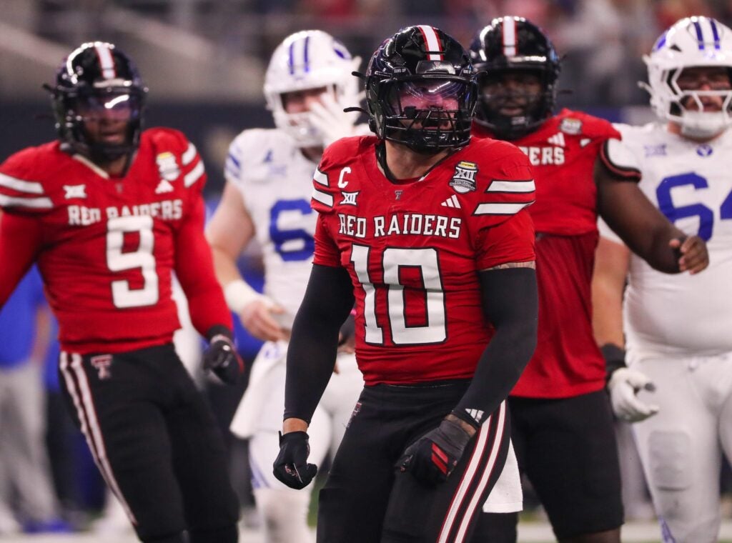 Texas Tech's Jacob Rodriguez gets up after making a tackle against BYU during the Big 12 Conference championship football game, Saturday, Nov. 6, 2025, at AT&T Stadium in Arlington.