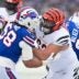 Dec 7, 2025; Orchard Park, New York, USA; Cincinnati Bengals guard Dylan Fairchild (63) blocks Buffalo Bills linebacker Matt Milano (58) in the first quarter at Highmark Stadium.