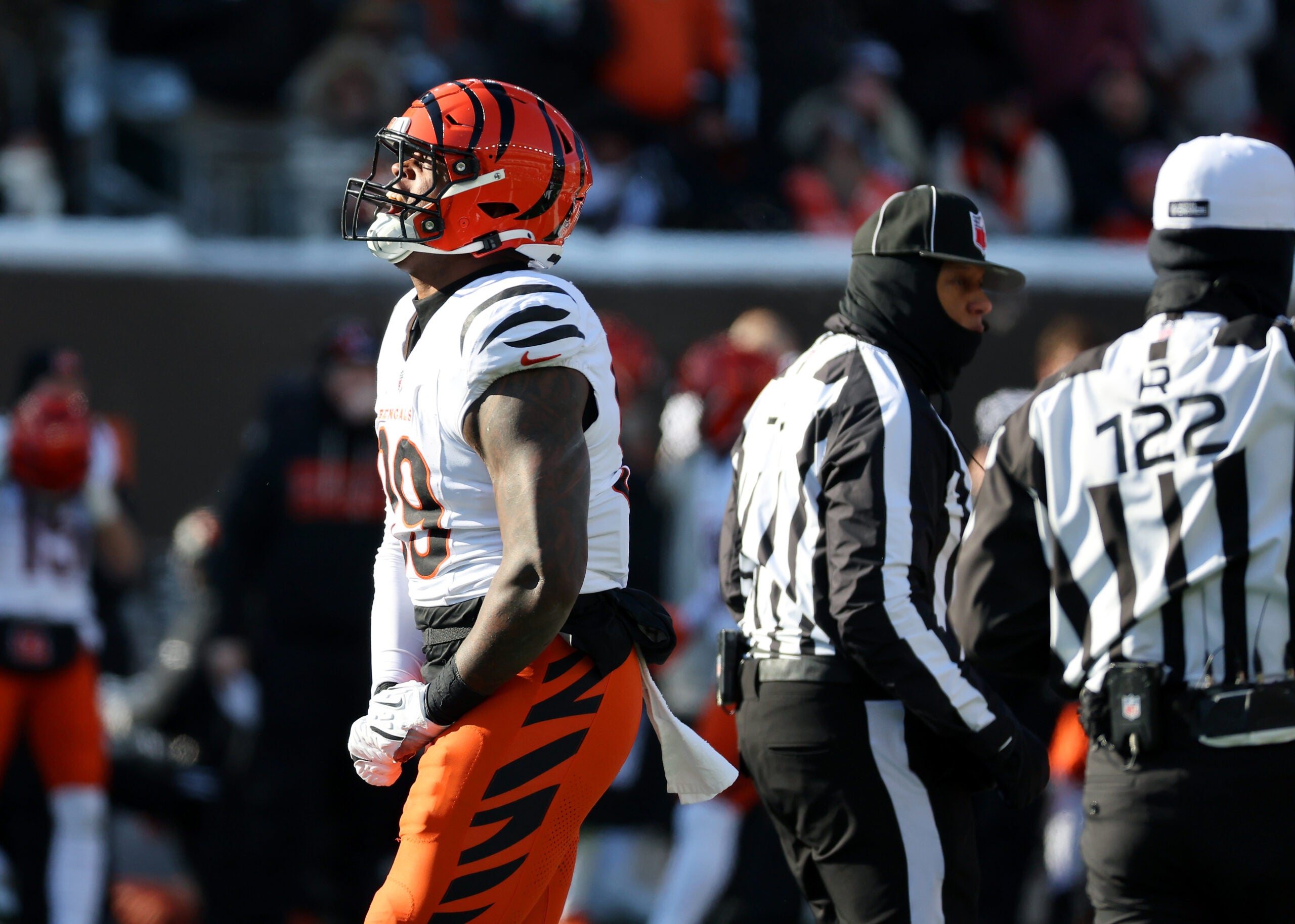 Dec 14, 2025; Cincinnati, Ohio, USA; Cincinnati Bengals defensive end Myles Murphy (99) celebrates his sack during the first quarter against the Baltimore Ravens at Paycor Stadium.
