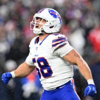 Dec 14, 2025; Foxborough, Massachusetts, USA; Buffalo Bills linebacker Matt Milano (58) reacts after a sack against the New England Patriots during the second half at Gillette Stadium.