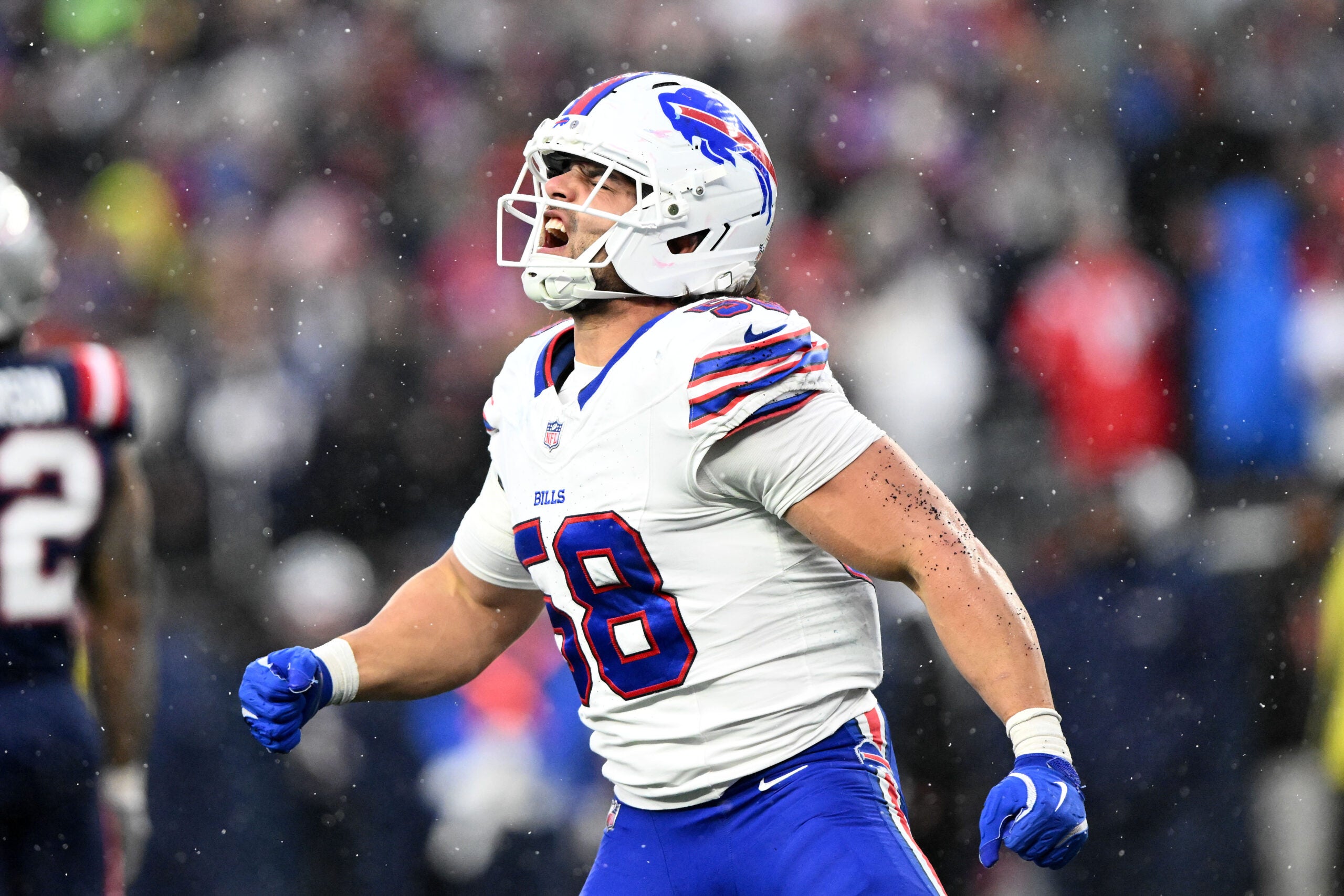Dec 14, 2025; Foxborough, Massachusetts, USA; Buffalo Bills linebacker Matt Milano (58) reacts after a sack against the New England Patriots during the second half at Gillette Stadium.