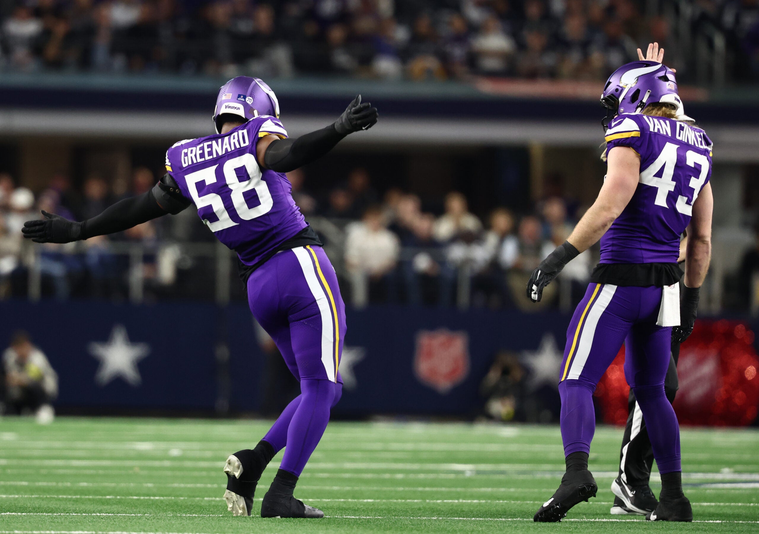 Dec 14, 2025; Arlington, Texas, USA; Minnesota Vikings linebacker Jonathan Greenard (58) and Minnesota Vikings linebacker Andrew van Ginkel (43) celebrate after a play during the first half against the Dallas Cowboys at AT&T Stadium.