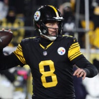 Dec 15, 2025; Pittsburgh, Pennsylvania, USA; Pittsburgh Steelers quarterback Aaron Rodgers (8) looks to throw in the second quarter against the Miami Dolphins at Acrisure Stadium.