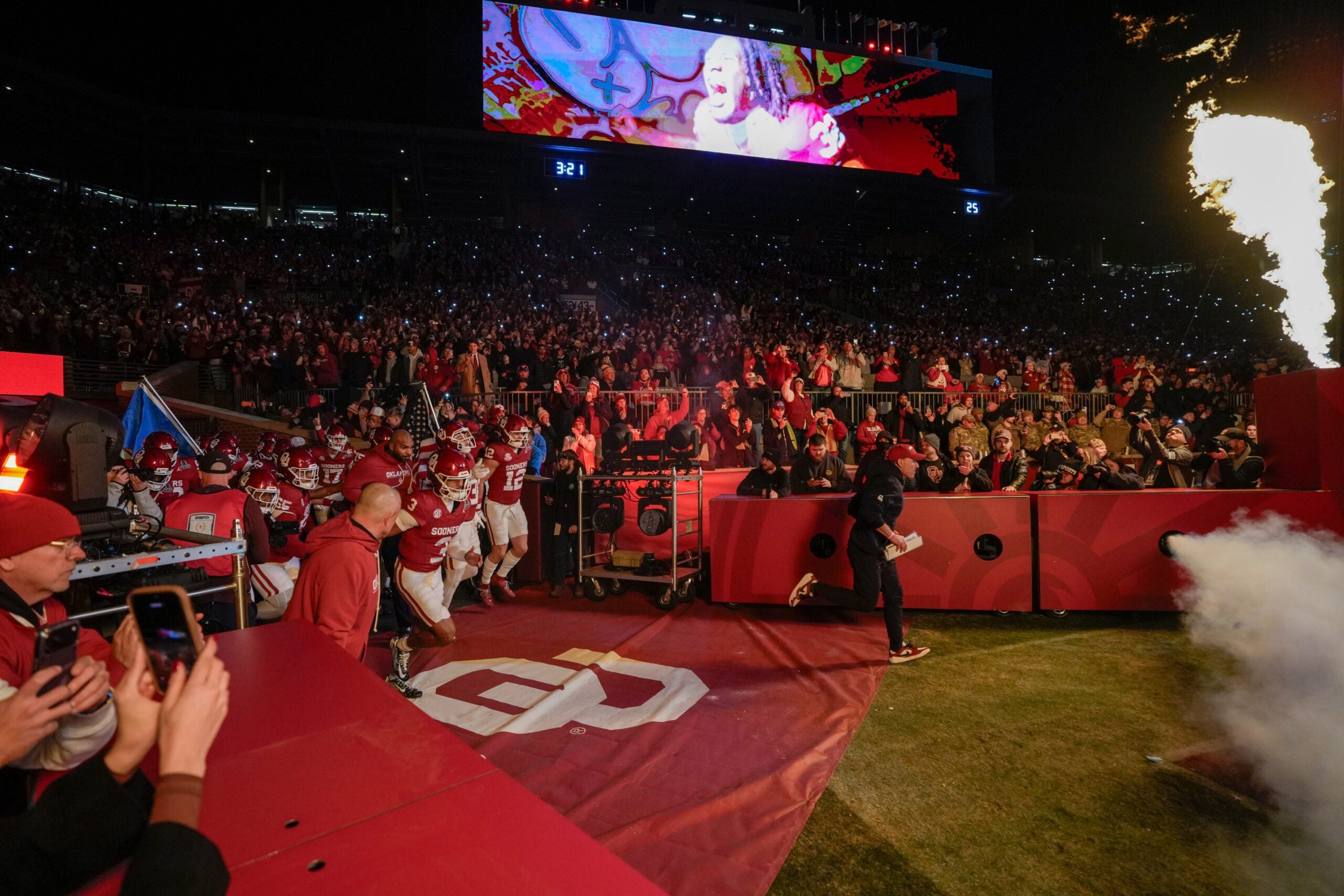 Oklahoma coach Brent Venables leads the team out before a first-round College Football Playoff game between the University of Oklahoma Sooners (OU) and the Alabama Crimson Tide at Gaylord Family - Oklahoma Memorial Stadium in Norman, Okla., Friday, Dec. 19, 2025. Alabama won 34-24.
