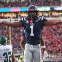 Dec 20, 2025; Oxford, MS, USA; Mississippi Rebels wide receiver De'Zhaun Stribling (1) reacts after catching a touchdown against the Tulane Green Wave during the second half of a game at Vaught-Hemingway Stadium.