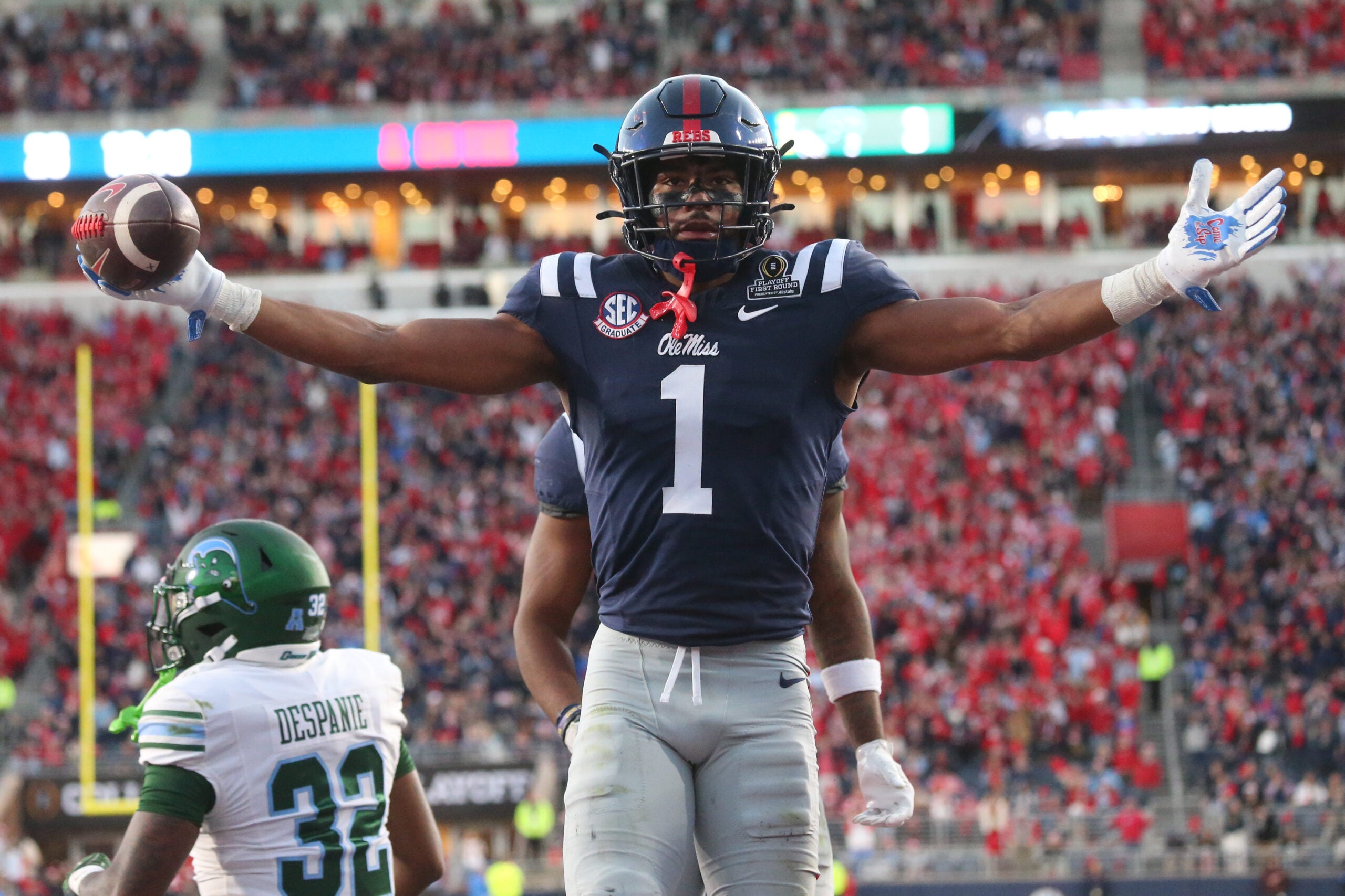 Dec 20, 2025; Oxford, MS, USA; Mississippi Rebels wide receiver De'Zhaun Stribling (1) reacts after catching a touchdown against the Tulane Green Wave during the second half of a game at Vaught-Hemingway Stadium.
