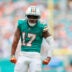 Dec 21, 2025; Miami Gardens, Florida, USA; Miami Dolphins wide receiver Jaylen Waddle (17) reacts during the second quarter against the Cincinnati Bengals at Hard Rock Stadium.