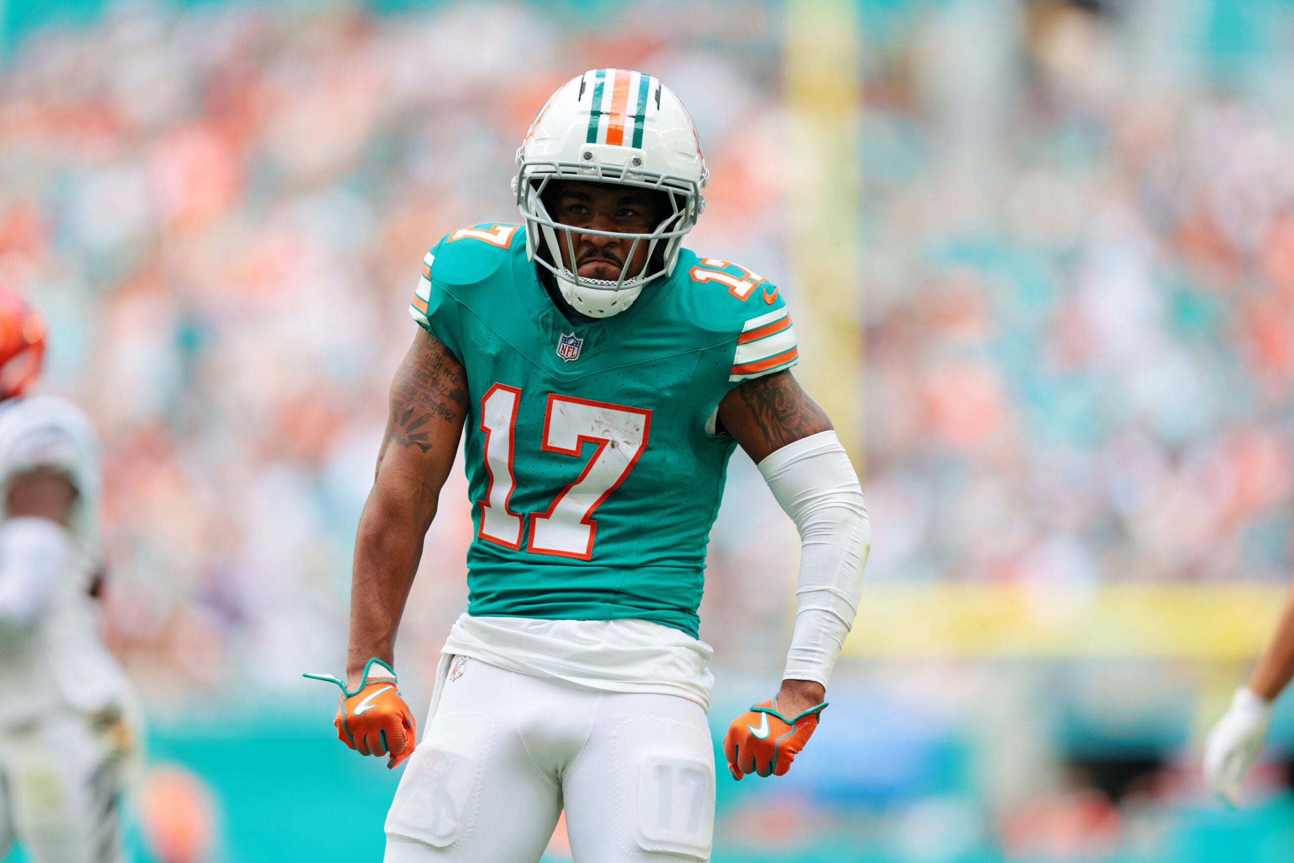Dec 21, 2025; Miami Gardens, Florida, USA; Miami Dolphins wide receiver Jaylen Waddle (17) reacts during the second quarter against the Cincinnati Bengals at Hard Rock Stadium.