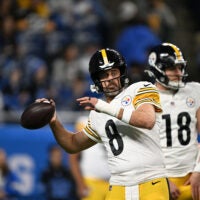 Dec 21, 2025; Detroit, Michigan, USA; Pittsburgh Steelers quarterback Aaron Rodgers (8)warms up before the game against the Detroit Lions at Ford Field.