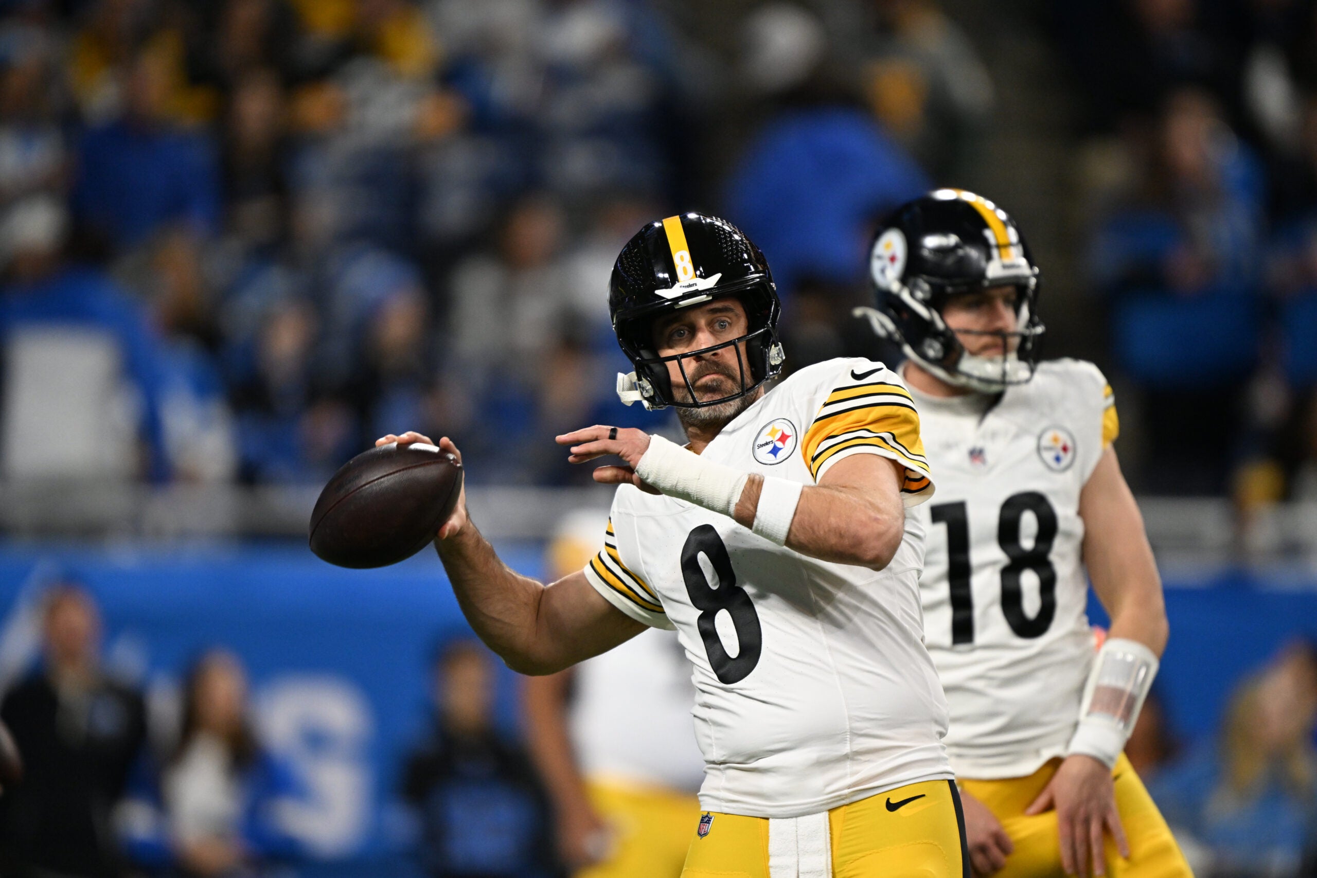Dec 21, 2025; Detroit, Michigan, USA; Pittsburgh Steelers quarterback Aaron Rodgers (8)warms up before the game against the Detroit Lions at Ford Field.