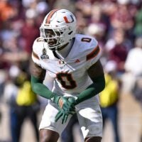 Dec 20, 2025; College Station, TX, USA; Miami Hurricanes defensive back Keionte Scott (0) lines up during the game between the Aggies and the Hurricanes at Kyle Field.