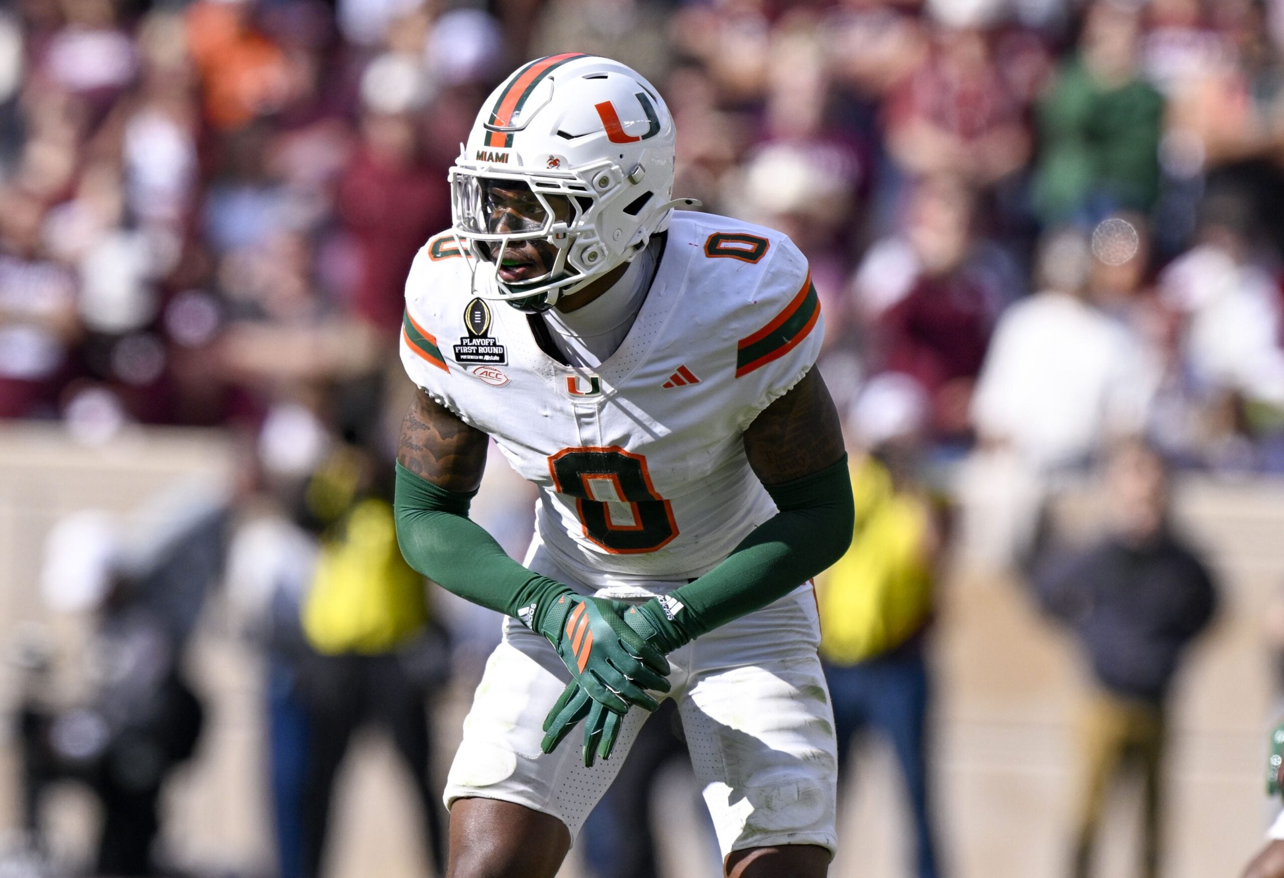 Dec 20, 2025; College Station, TX, USA; Miami Hurricanes defensive back Keionte Scott (0) lines up during the game between the Aggies and the Hurricanes at Kyle Field.