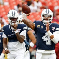 Dec 25, 2025; Landover, Maryland, USA; Dallas Cowboys quarterback Dak Prescott (4) warms up before the game against the Washington Commanders at Northwest Stadium.