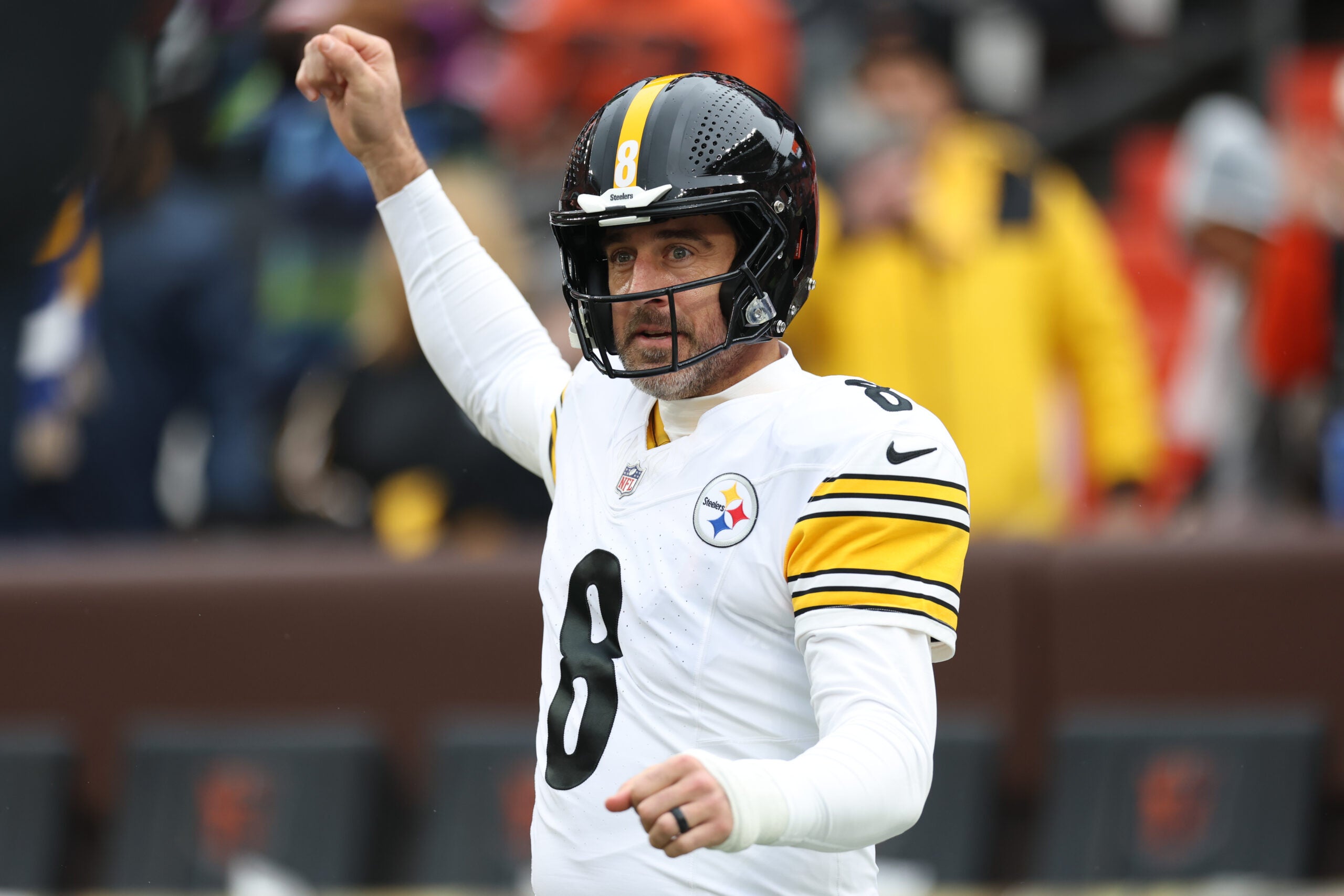 Dec 28, 2025; Cleveland, Ohio, USA; Pittsburgh Steelers quarterback Aaron Rodgers (8) warms up before the game against the Cleveland Browns at Huntington Bank Field.