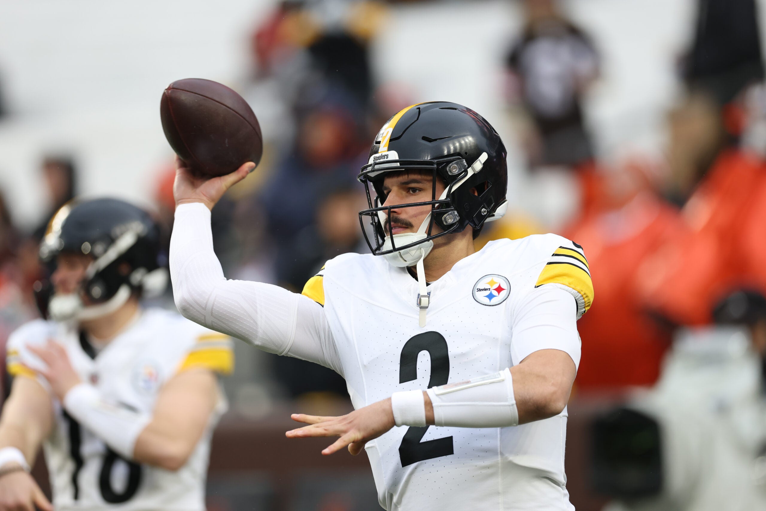 Dec 28, 2025; Cleveland, Ohio, USA; Pittsburgh Steelers quarterback Mason Rudolph (2) warms up before the game against the Cleveland Browns at Huntington Bank Field.