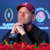 Jan 1, 2026; Pasadena, CA, USA; Alabama Crimson Tide head coach Kalen DeBoer speaks in a press conference after the 2026 Rose Bowl and quarterfinal game of the College Football Playoff at Rose Bowl Stadium.