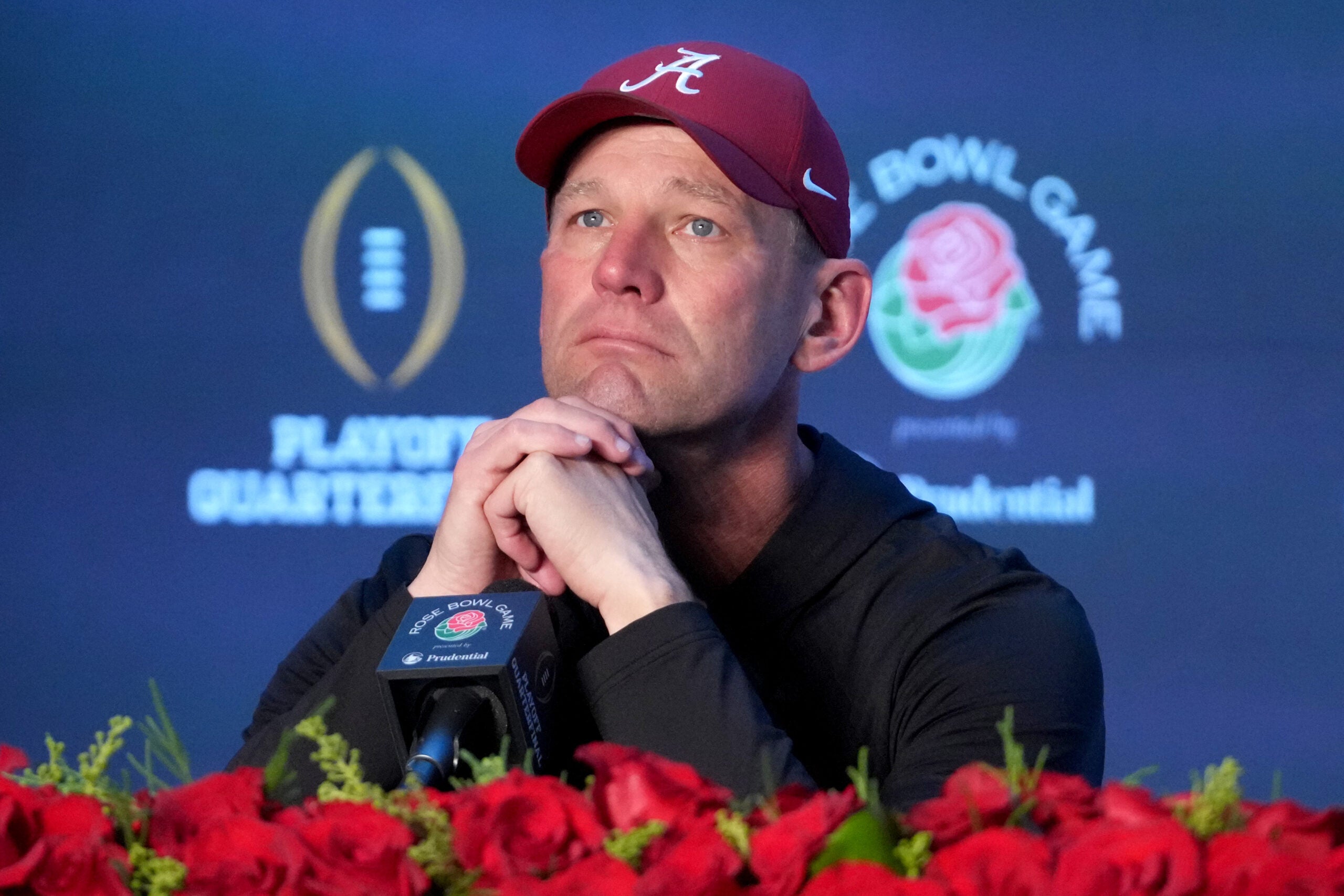 Jan 1, 2026; Pasadena, CA, USA; Alabama Crimson Tide head coach Kalen DeBoer speaks in a press conference after the 2026 Rose Bowl and quarterfinal game of the College Football Playoff at Rose Bowl Stadium.
