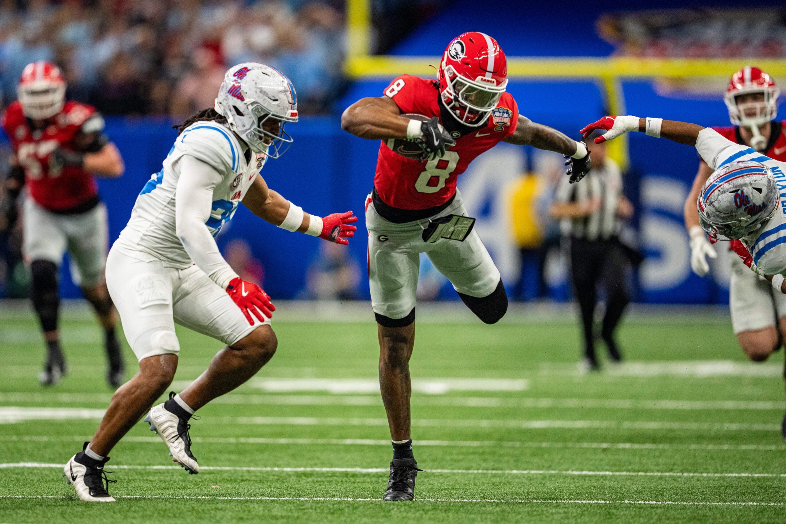 Georgia wide receiver Colbie Young (8) carries the ball after coming down with it from a pass during the Sugar Bowl and College Football Playoff quarterfinals at Caesars Superdome in New Orleans, La., on Thursday, Jan. 1, 2026. Ole Miss defeated Georgia 39-34.