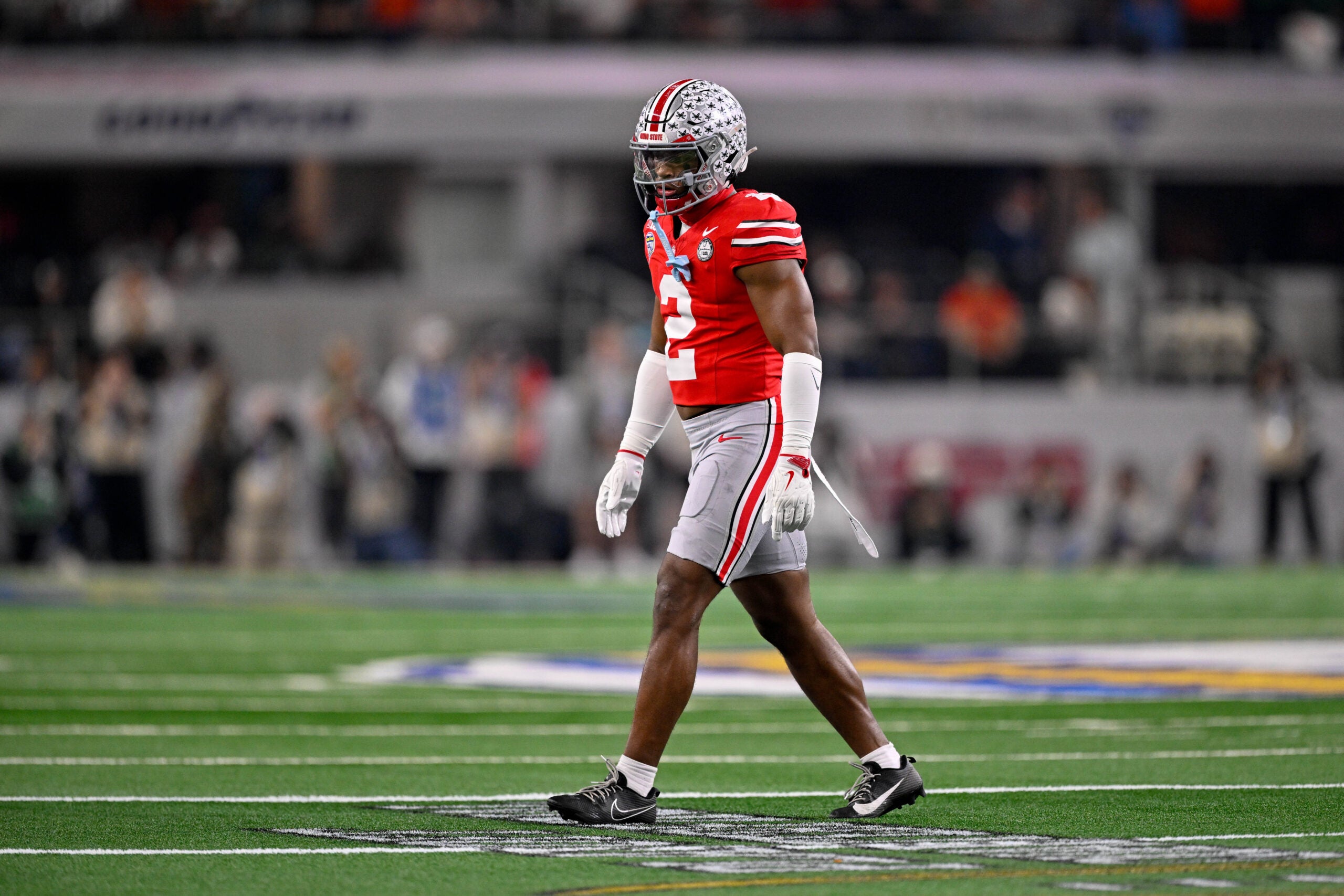 Arlington, TX, USA; Ohio State Buckeyes safety Caleb Downs (2) gets into position during the 2025 Cotton Bowl and quarterfinal game of the College Football Playoff at AT&T Stadium.