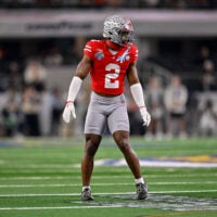 Arlington, TX, USA; Ohio State Buckeyes safety Caleb Downs (2) gets into position during the 2025 Cotton Bowl and quarterfinal game of the College Football Playoff at AT&T Stadium.