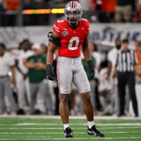 Dec 31, 2025; Arlington, TX, USA; Ohio State Buckeyes linebacker Sonny Styles (0) gets into position during the 2025 Cotton Bowl and quarterfinal game of the College Football Playoff at AT&T Stadium.