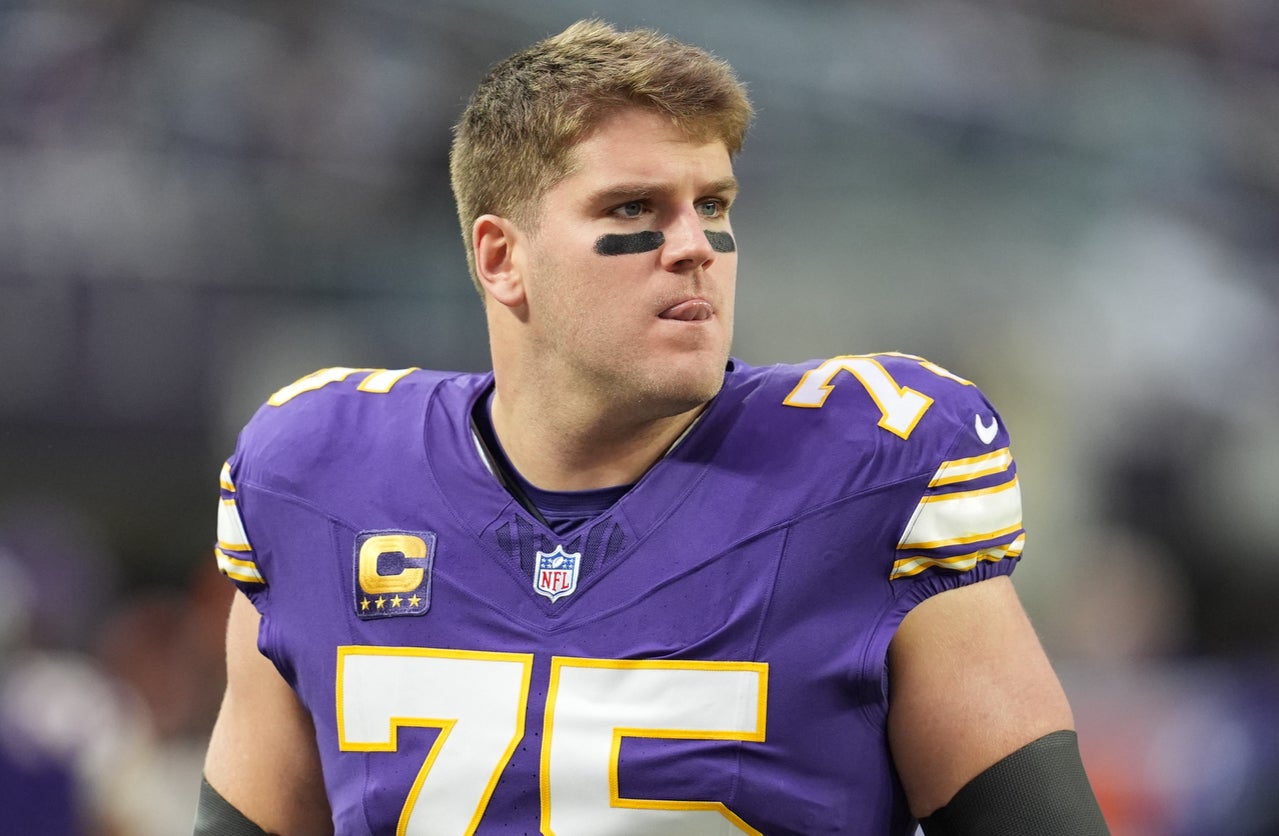 Jan 4, 2026; Minneapolis, Minnesota, USA; Minnesota Vikings offensive tackle Brian O'Neill (75) warms up prior to the game against the Green Bay Packers at U.S. Bank Stadium.