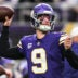 Jan 4, 2026; Minneapolis, Minnesota, USA; Minnesota Vikings quarterback J.J. McCarthy (9) warms up prior to the game against the Green Bay Packers at U.S. Bank Stadium.