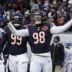 Jan 4, 2026; Chicago, Illinois, USA; Chicago Bears defensive end Montez Sweat (98) celebrates after a sack against the Detroit Lions during the first half at Soldier Field.