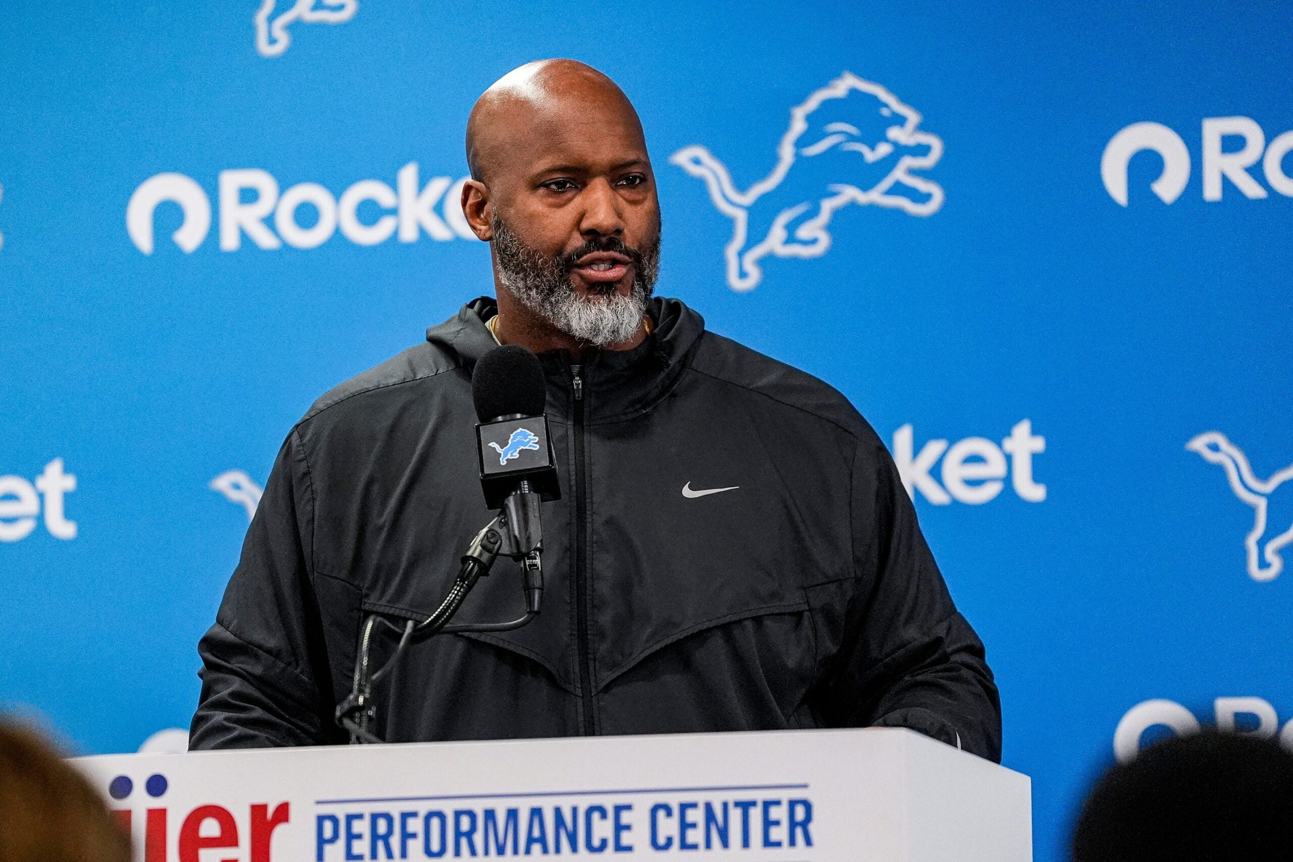 Detroit Lions executive vice president and general manager Brad Holmes speaks during media availability at Meijer Performance Center in Allen Park on Thursday, Jan. 8, 2026.