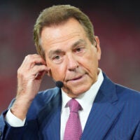 Jan 8, 2026; Glendale, AZ, USA; Sports broadcaster Nick Saban before the game during the 2026 Fiesta Bowl and semifinal game of the College Football Playoff at State Farm Stadium.