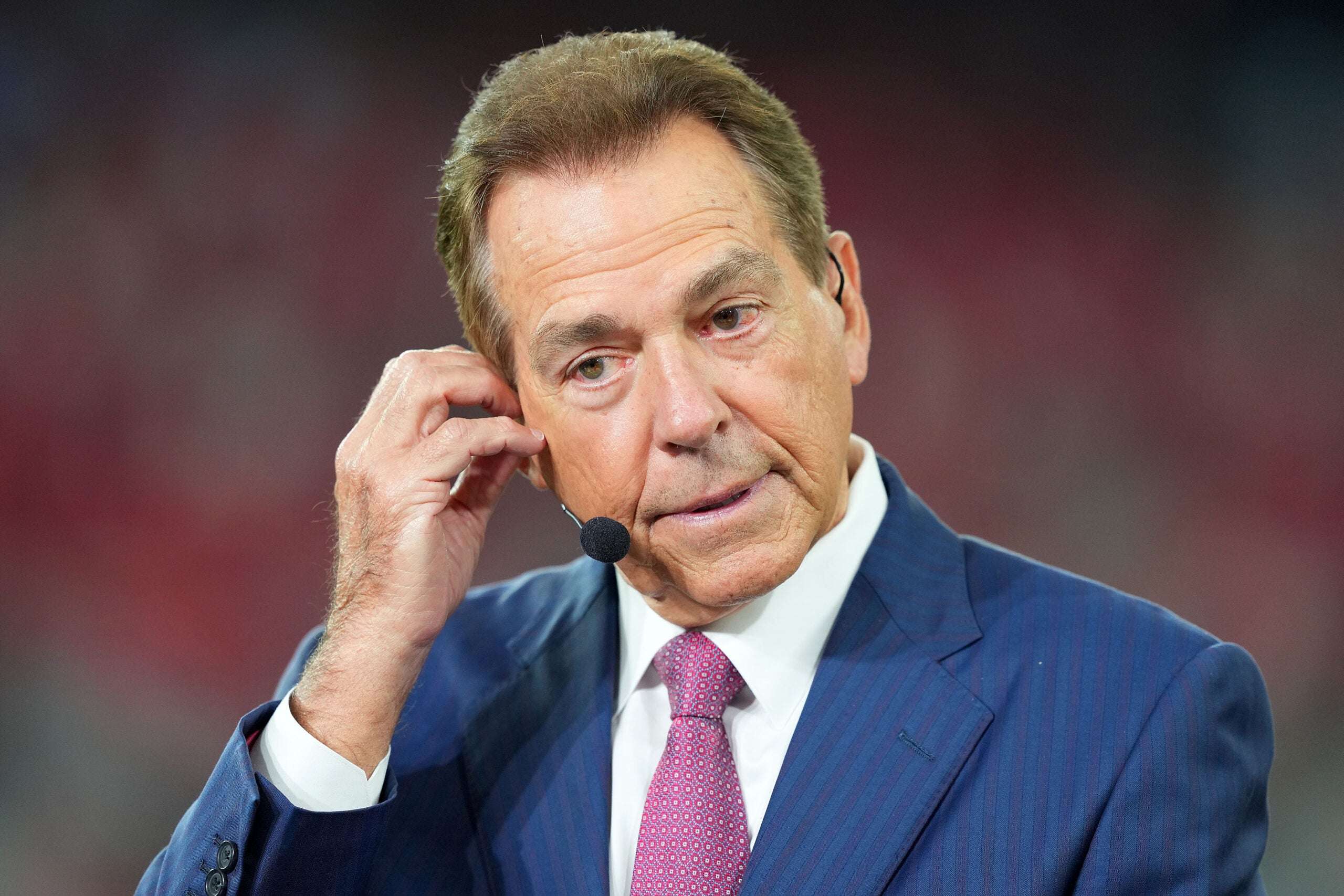 Jan 8, 2026; Glendale, AZ, USA; Sports broadcaster Nick Saban before the game during the 2026 Fiesta Bowl and semifinal game of the College Football Playoff at State Farm Stadium.