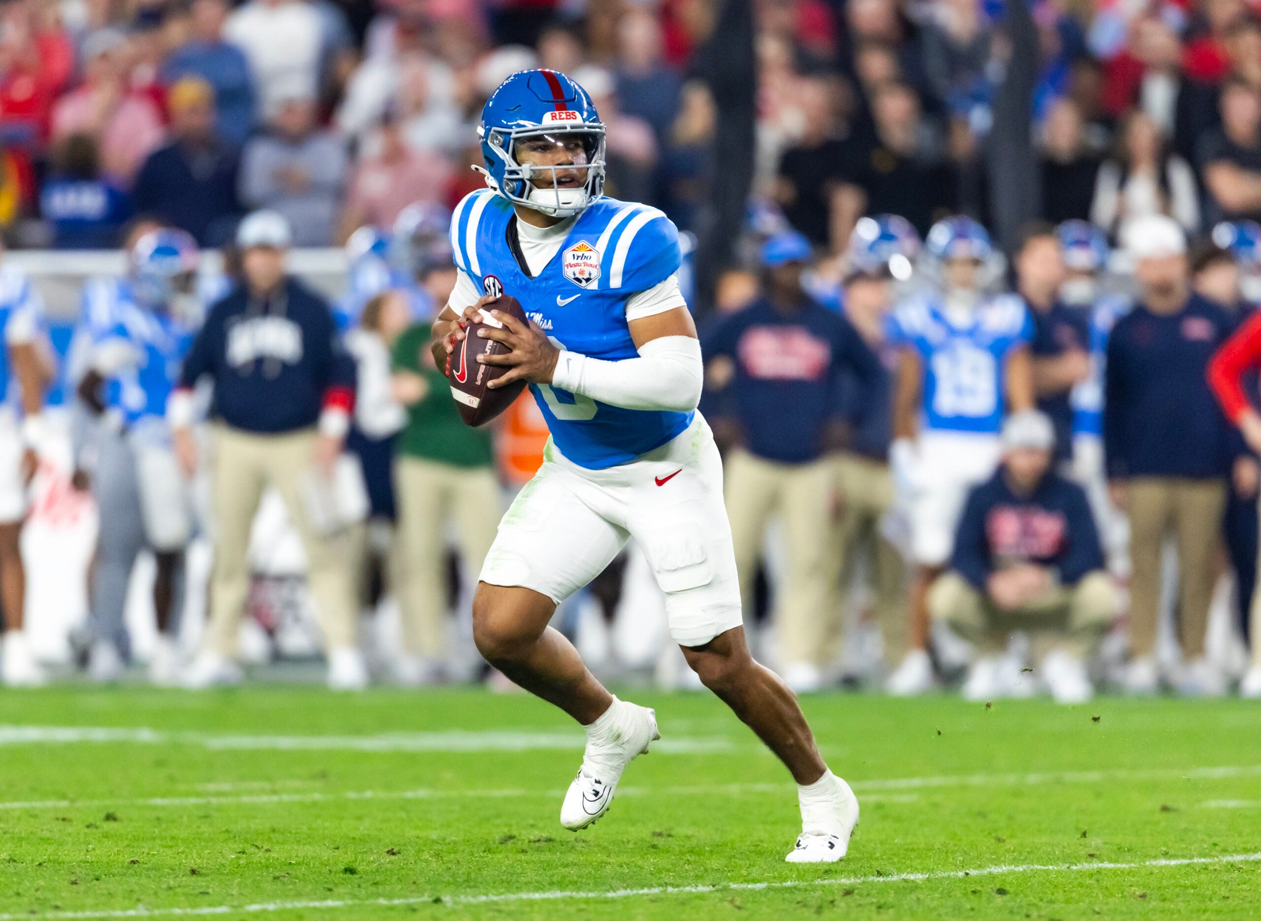 Jan 8, 2026; Glendale, AZ, USA; Detailed view of the jersey of Mississippi Rebels quarterback Trinidad Chambliss (6) against the Miami Hurricanes during the 2026 Fiesta Bowl and semifinal game of the College Football Playoff at State Farm Stadium.