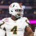 Jan 8, 2026; Glendale, AZ, USA; Miami Hurricanes defensive lineman Rueben Bain Jr. (4) against the Mississippi Rebels during the 2026 Fiesta Bowl and semifinal game of the College Football Playoff at State Farm Stadium.