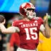 Jan 9, 2026; Atlanta, GA, USA; Indiana Hoosiers quarterback Fernando Mendoza (15) throws a pass against the Oregon Ducks during the third quarter of the 2025 Peach Bowl and semifinal game of the College Football Playoff at Mercedes-Benz Stadium