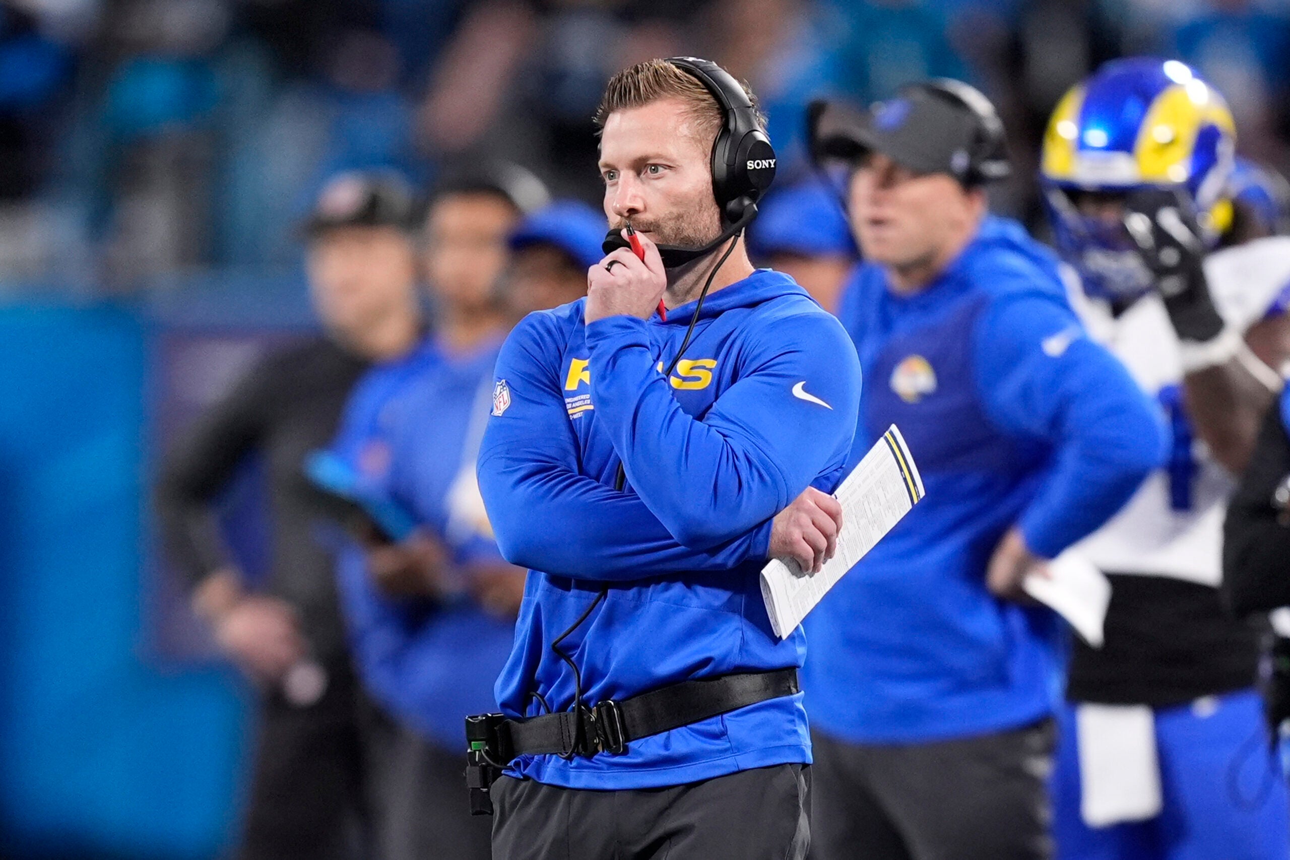 Jan 10, 2026; Charlotte, NC, USA; Los Angeles Rams head coach Sean McVay in the first half during the NFC Wild Card Round game at Bank of America Stadium.