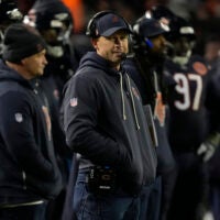 Jan 10, 2026; Chicago, IL, USA; Chicago Bears head coach Ben Johnson stands on the sidelines against the Green Bay Packers during the second half of an NFC Wild Card Round game at Soldier Field.