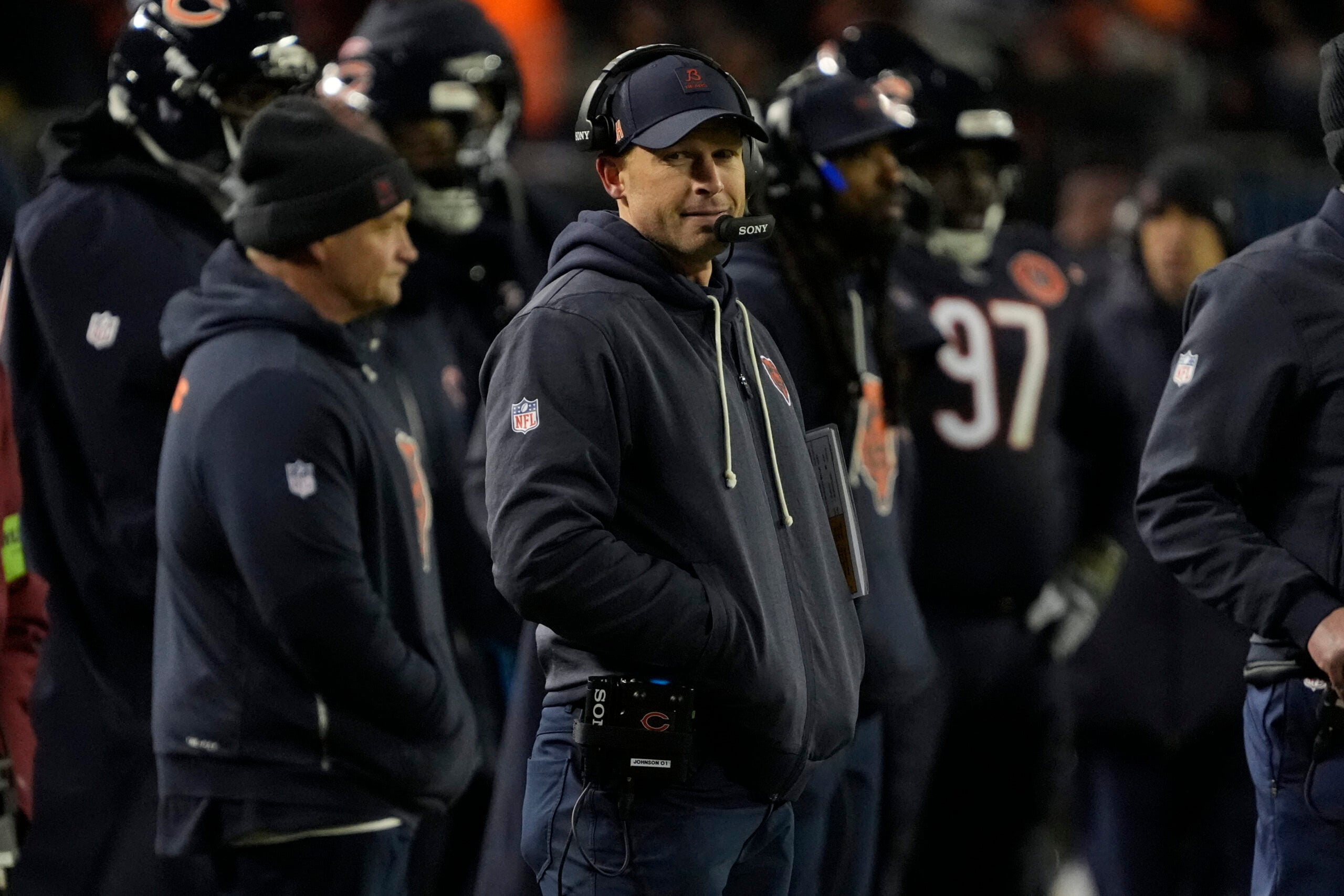 Jan 10, 2026; Chicago, IL, USA; Chicago Bears head coach Ben Johnson stands on the sidelines against the Green Bay Packers during the second half of an NFC Wild Card Round game at Soldier Field.