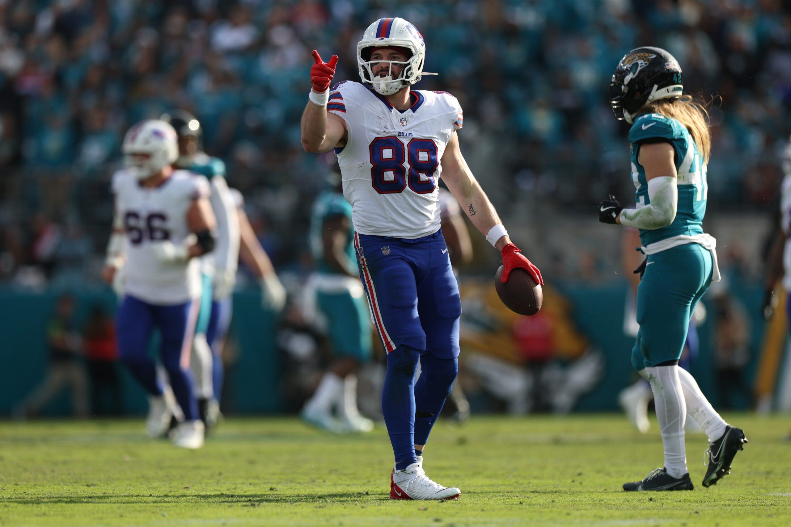 Jan 11, 2026; Jacksonville, FL, USA; Buffalo Bills tight end Dawson Knox (88) reacts during the second half against the Jacksonville Jaguars in an AFC Wild Card Round game at EverBank Stadium.