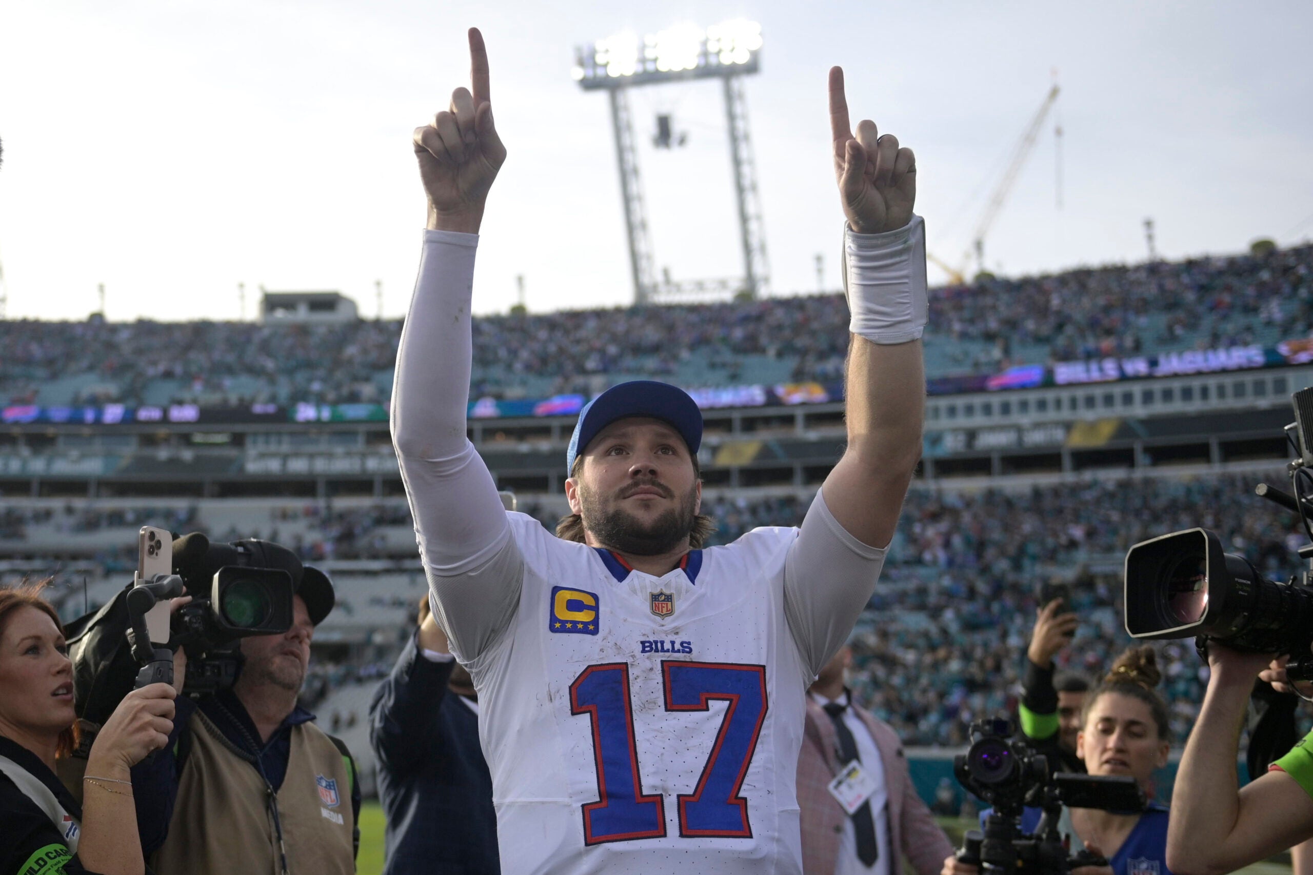 Jan 11, 2026; Jacksonville, FL, USA; Buffalo Bills quarterback Josh Allen (17) after an AFC Wild Card Round game against the Jacksonville Jaguars at EverBank Stadium.