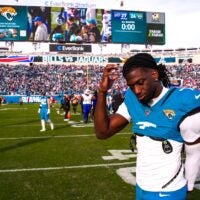 Jacksonville Jaguars wide receiver Brian Thomas Jr. (7) walks off the field after losing to the Bills during an NFL football AFC Wild Card playoff matchup, Sunday, Jan. 11, 2026, in Jacksonville, Fla. Bills lead 10-7 at the half over the Jaguars. The Bills defeated the Jaguars 27-24.