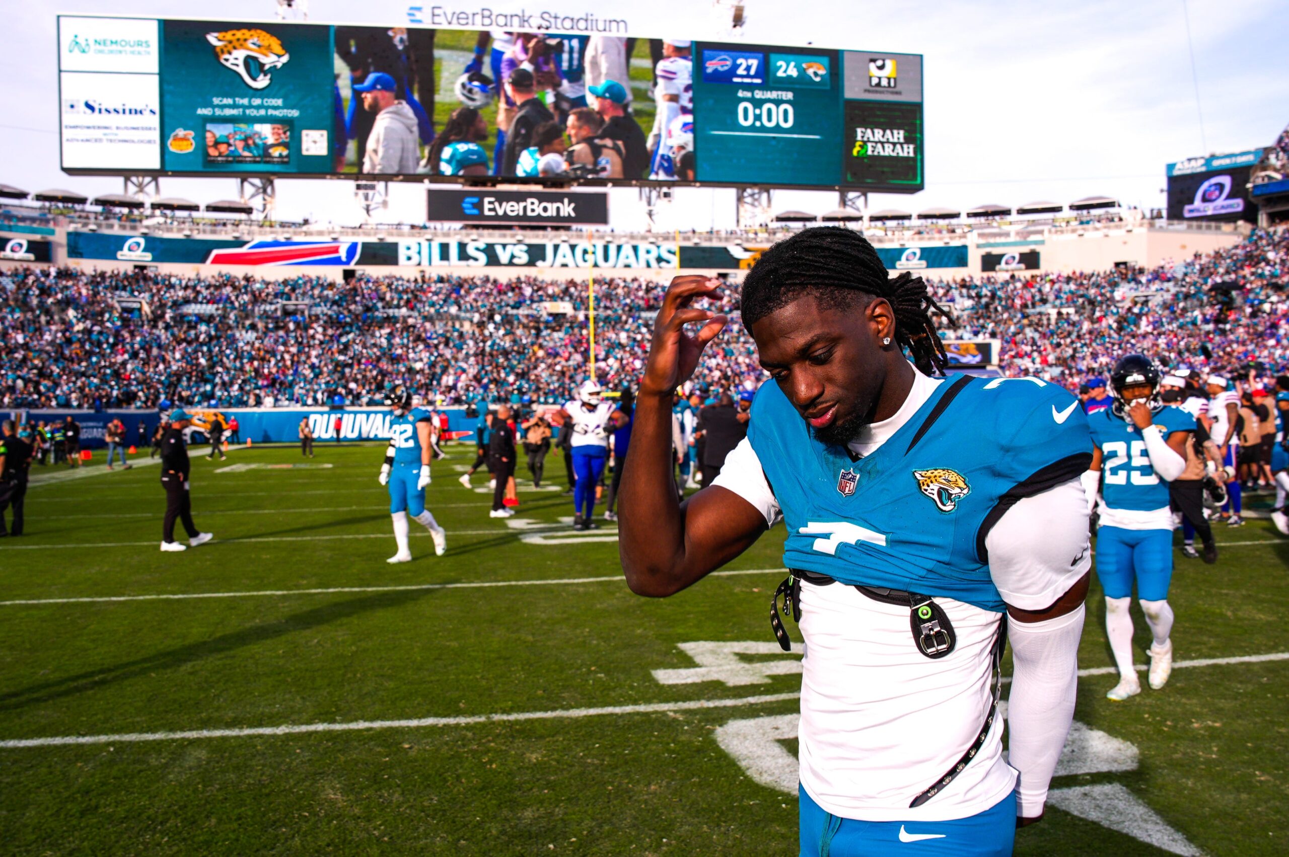 Jacksonville Jaguars wide receiver Brian Thomas Jr. (7) walks off the field after losing to the Bills during an NFL football AFC Wild Card playoff matchup, Sunday, Jan. 11, 2026, in Jacksonville, Fla. Bills lead 10-7 at the half over the Jaguars. The Bills defeated the Jaguars 27-24.