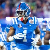 Jan 8, 2026; Glendale, AZ, USA; Mississippi Rebels wide receiver De'Zhaun Stribling (1) against the Miami Hurricanes during the 2026 Fiesta Bowl and semifinal game of the College Football Playoff at State Farm Stadium.