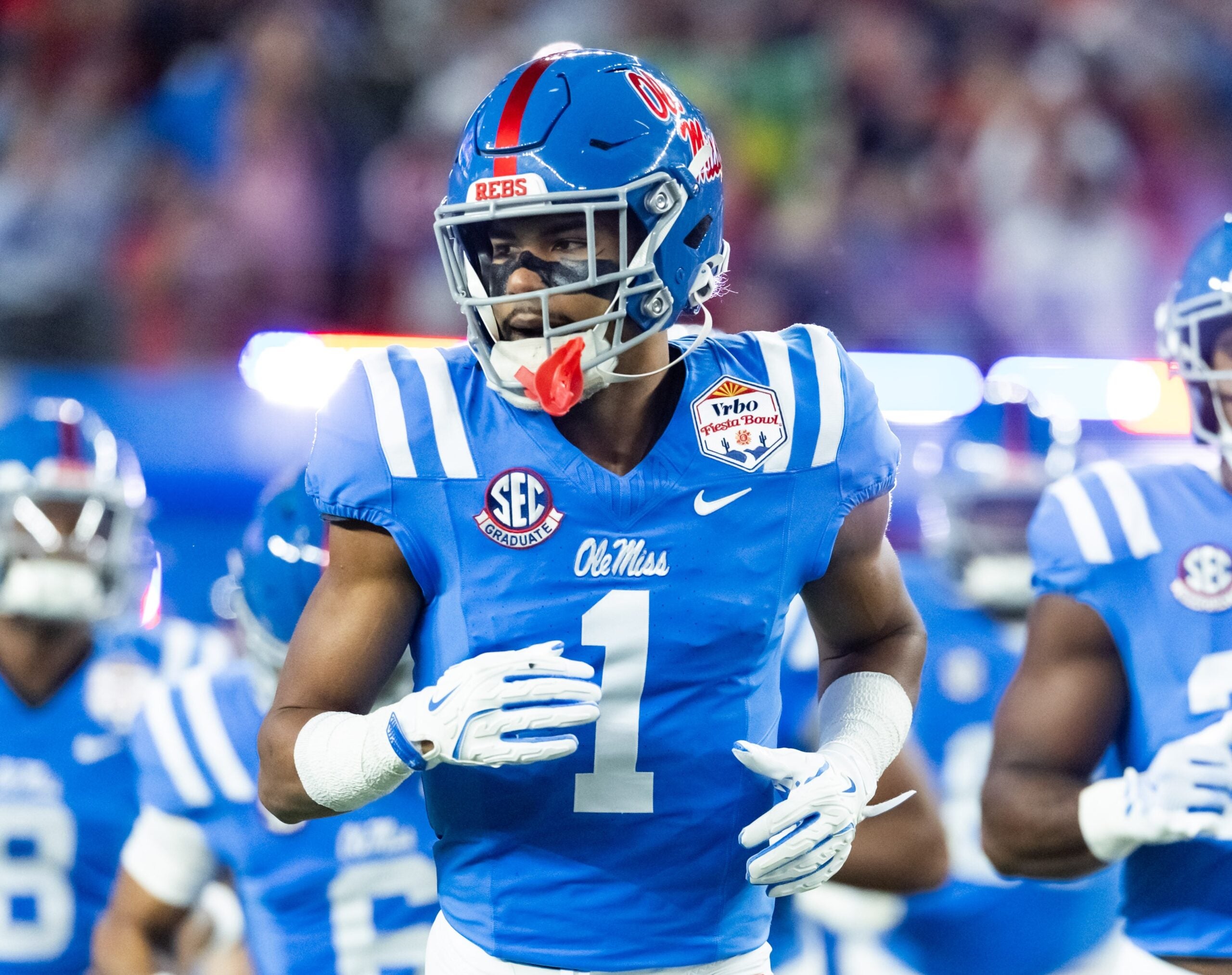 Jan 8, 2026; Glendale, AZ, USA; Mississippi Rebels wide receiver De'Zhaun Stribling (1) against the Miami Hurricanes during the 2026 Fiesta Bowl and semifinal game of the College Football Playoff at State Farm Stadium.
