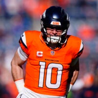 Jan 17, 2026; Denver, CO, USA; Denver Broncos quarterback Bo Nix (10) warms up before an AFC Divisional Round playoff game against the Buffalo Bills at Empower Field at Mile High.