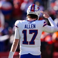 Jan 17, 2026; Denver, CO, USA; Buffalo Bills quarterback Josh Allen (17) salutes before an AFC Divisional Round playoff game against the Denver Broncos at Empower Field at Mile High.