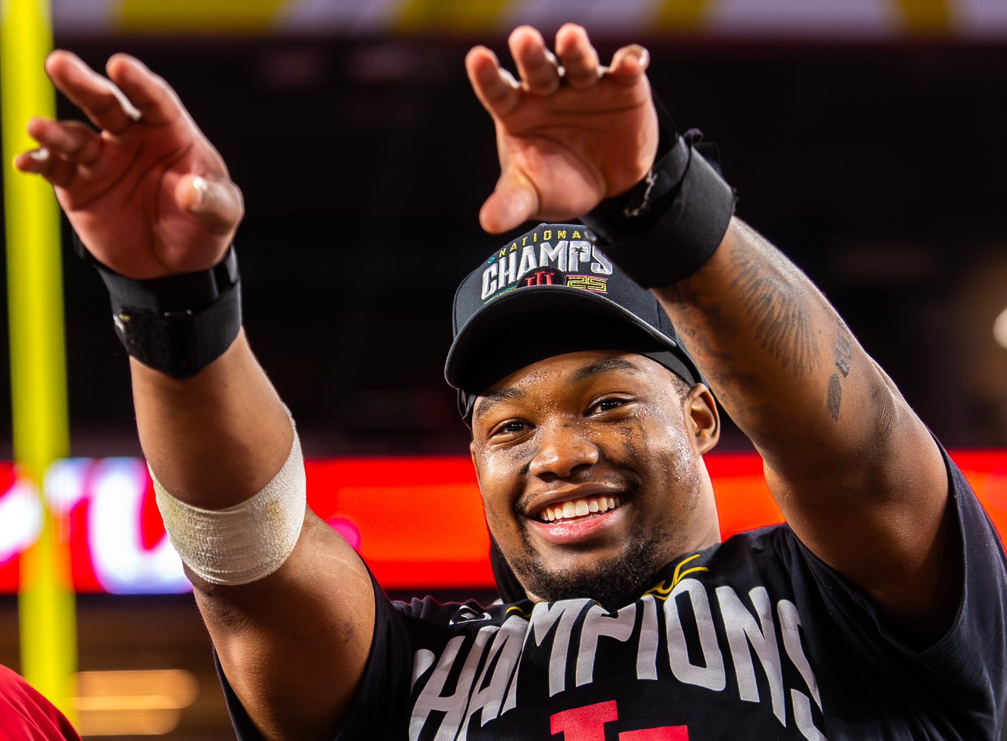 Indiana's Mikail Kamara (6) celebrates after the College Football Playoff National Championship college football game at Hard Rock Stadium in Miami Gardens on Monday, Jan. 19, 2026.