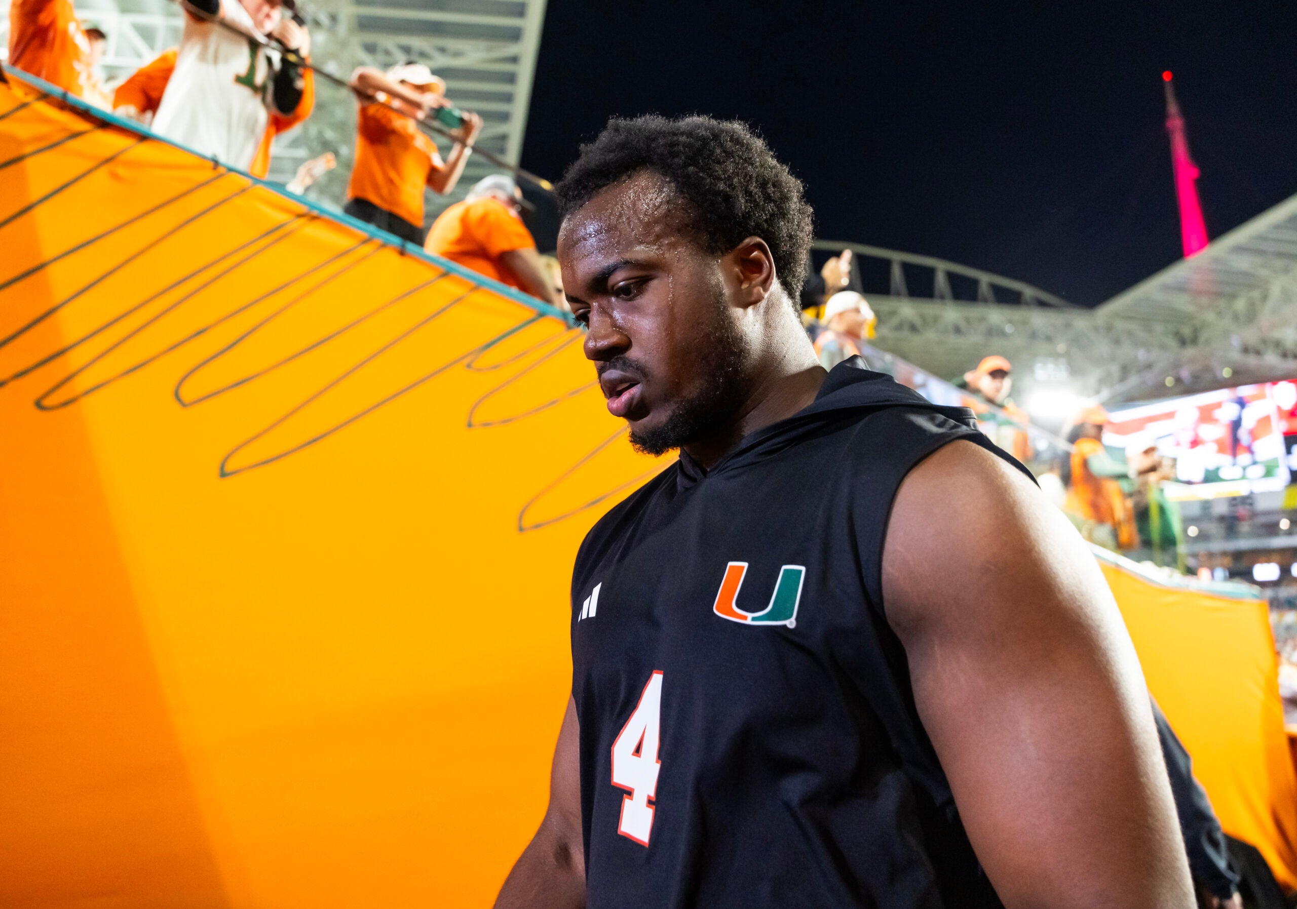 Jan 19, 2026; Miami Gardens, FL, USA; Miami Hurricanes defensive lineman Rueben Bain Jr. (4) against the Indiana Hoosiers during the College Football Playoff National Championship game at Hard Rock Stadium.